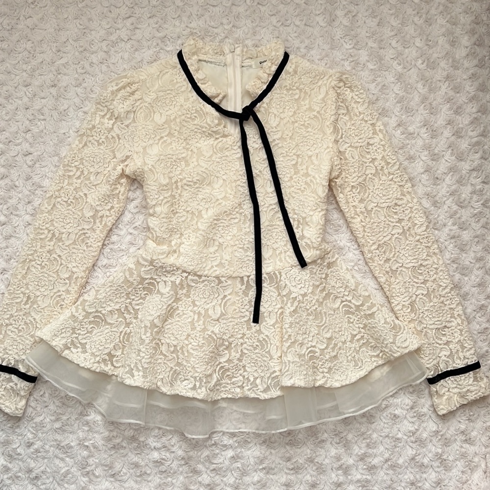 Ivory Victorian Lace Blouse Black Velvet Detail Flounce Waist
